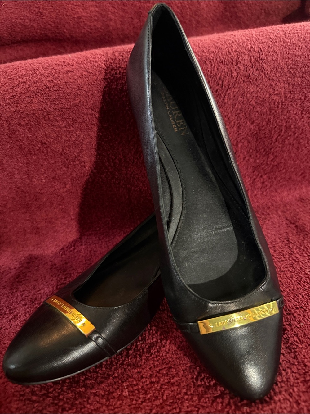 Lauren Ralph Lauren Black Leather Pointed-Toe Flats with Gold Plaque